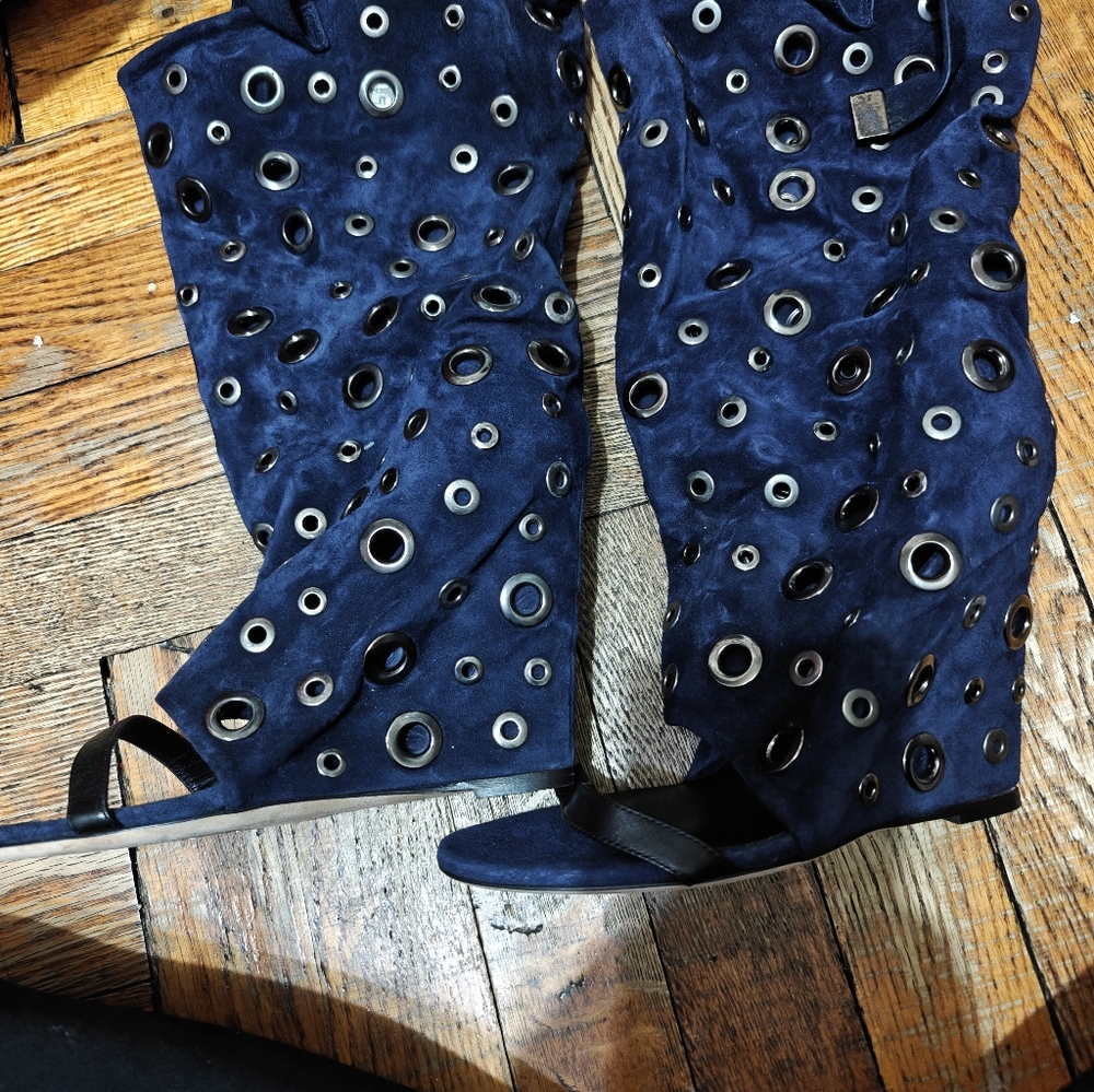 Brian Atwood Navy Blue Suede Grommet Boot 37.5   7.5